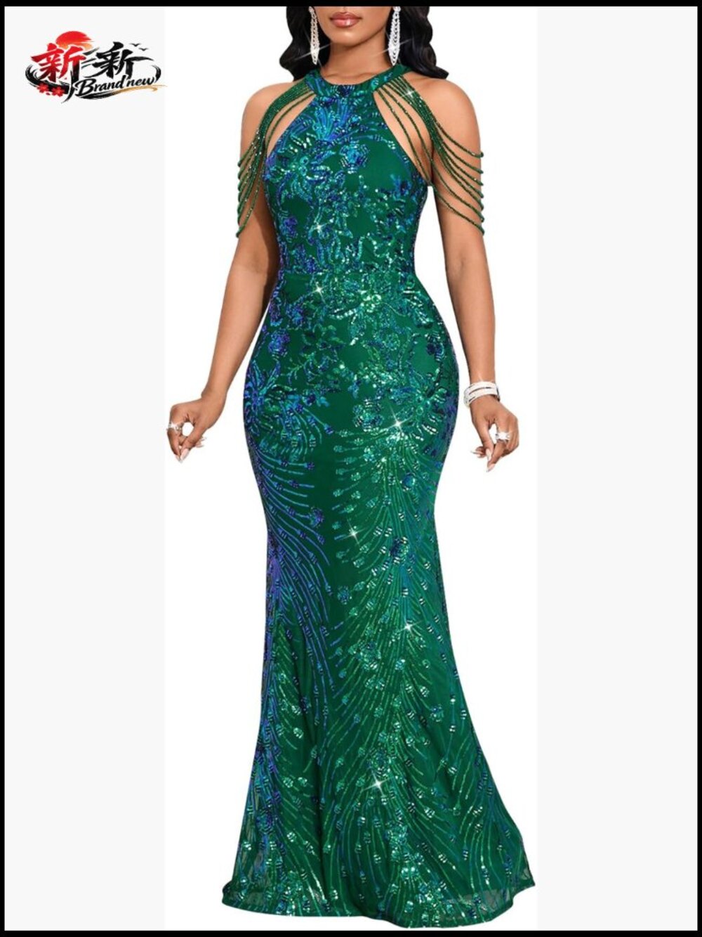 Women's Sequin Halter Mermaid Formal Maxi Dress with Tassel Details